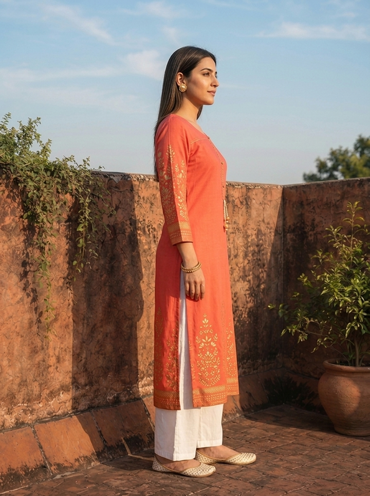 Coral Orange Rayon Floral Motifs Printed Kurta