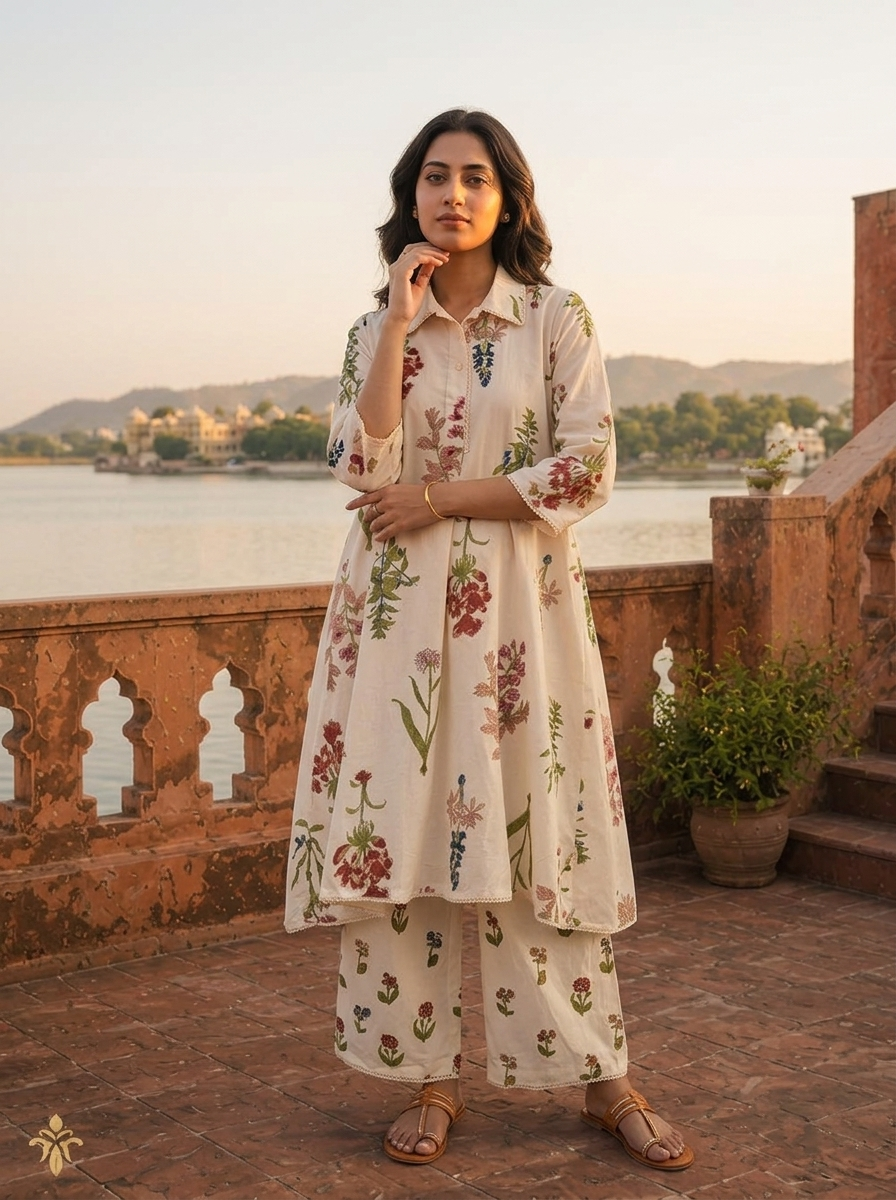 Cream Cotton Scattered Wildflower Motifs Printed Co-ord Set