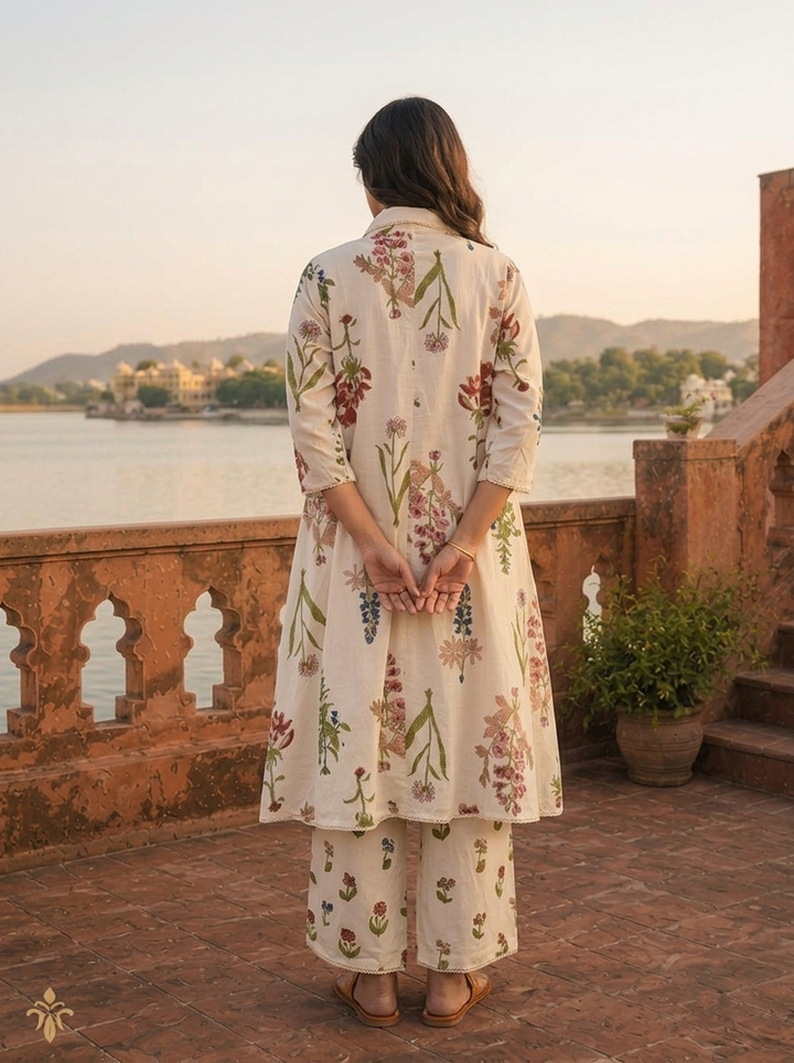 Cream Cotton Scattered Wildflower Motifs Printed Co-ord Set