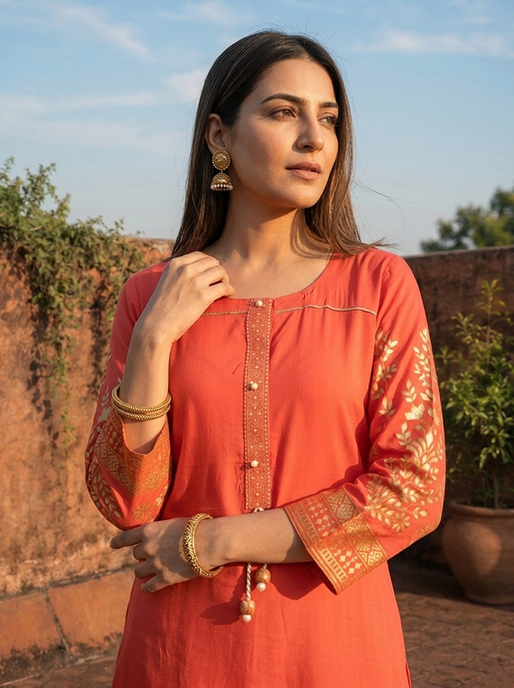 Coral Orange Rayon Floral Motifs Printed Kurta