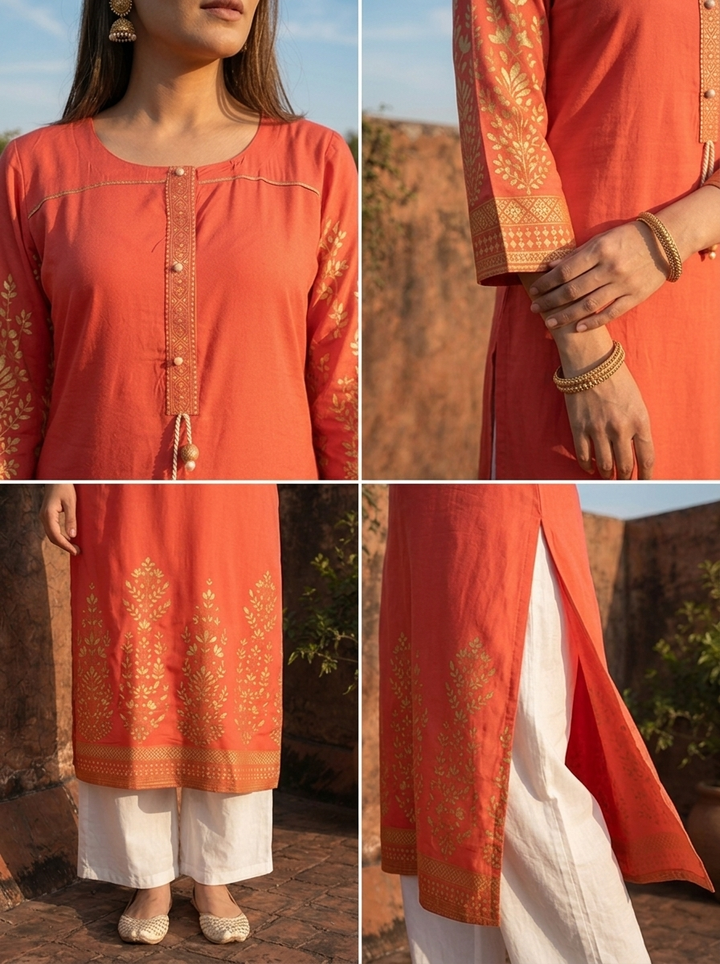 Coral Orange Rayon Floral Motifs Printed Kurta