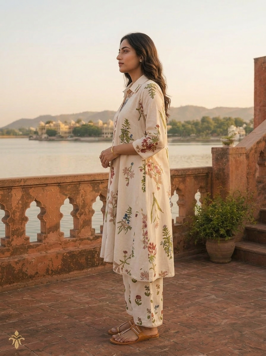 Cream Cotton Scattered Wildflower Motifs Printed Co-ord Set