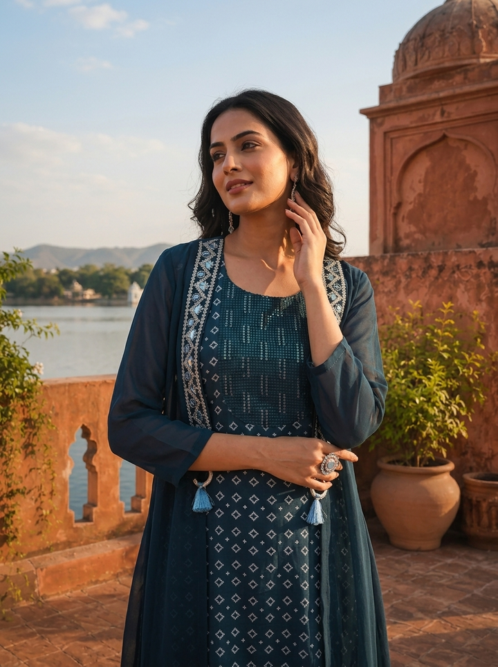 Peacock Georgette Bandhani Printed Dress