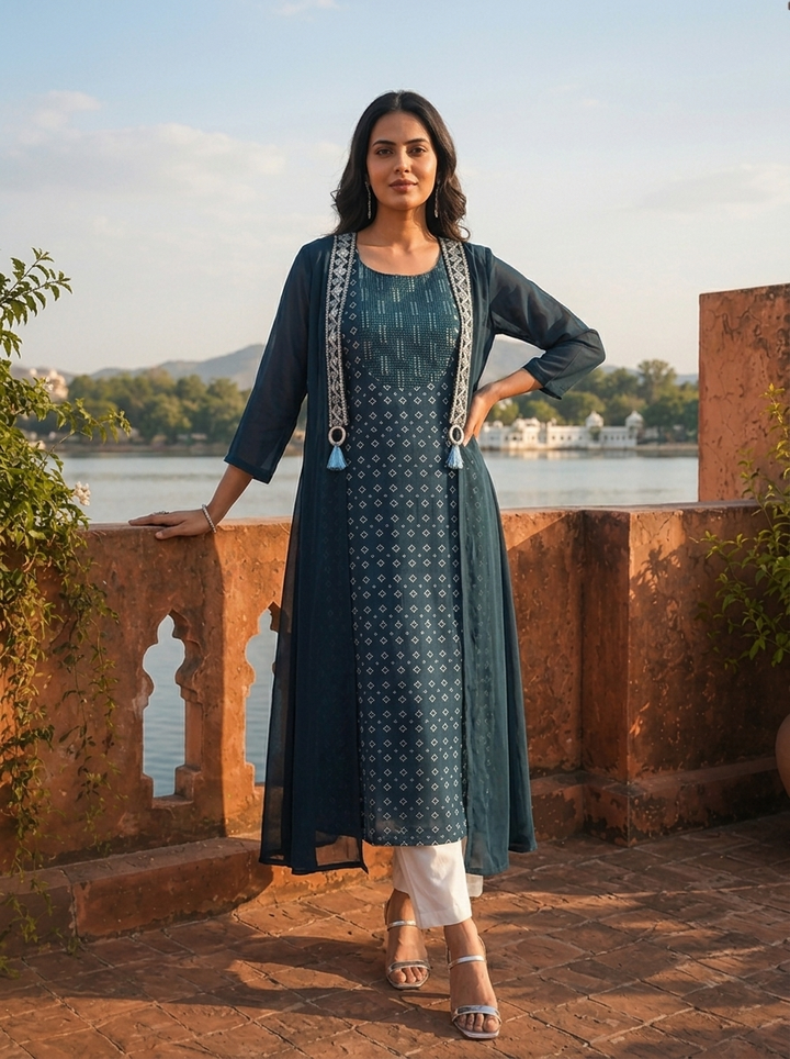 Peacock Georgette Bandhani Printed Dress