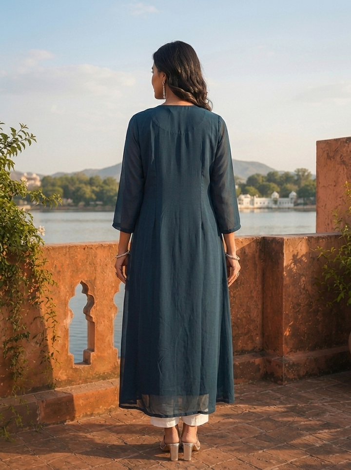 Peacock Georgette Bandhani Printed Dress