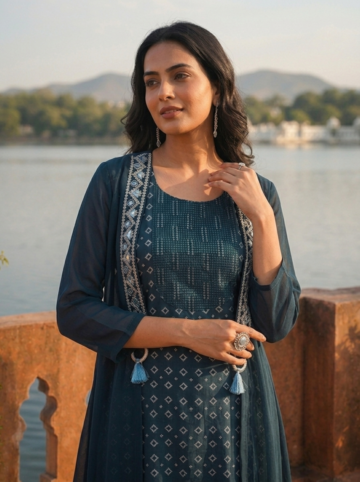 Peacock Georgette Bandhani Printed Dress
