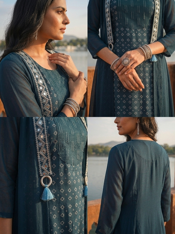 Peacock Georgette Bandhani Printed Dress