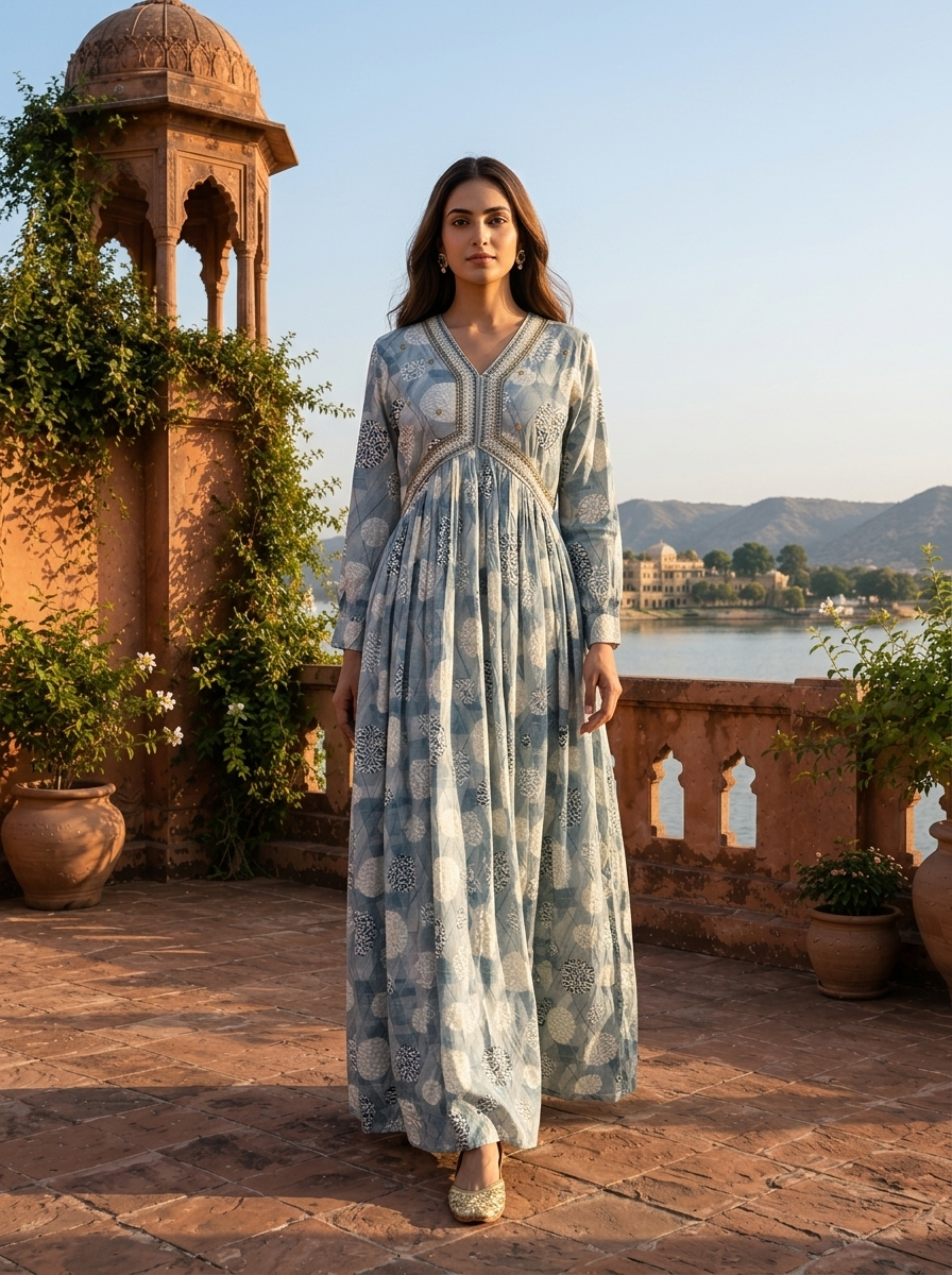 Light Blue Rayon Overlaid Geometric Grid Printed Dress