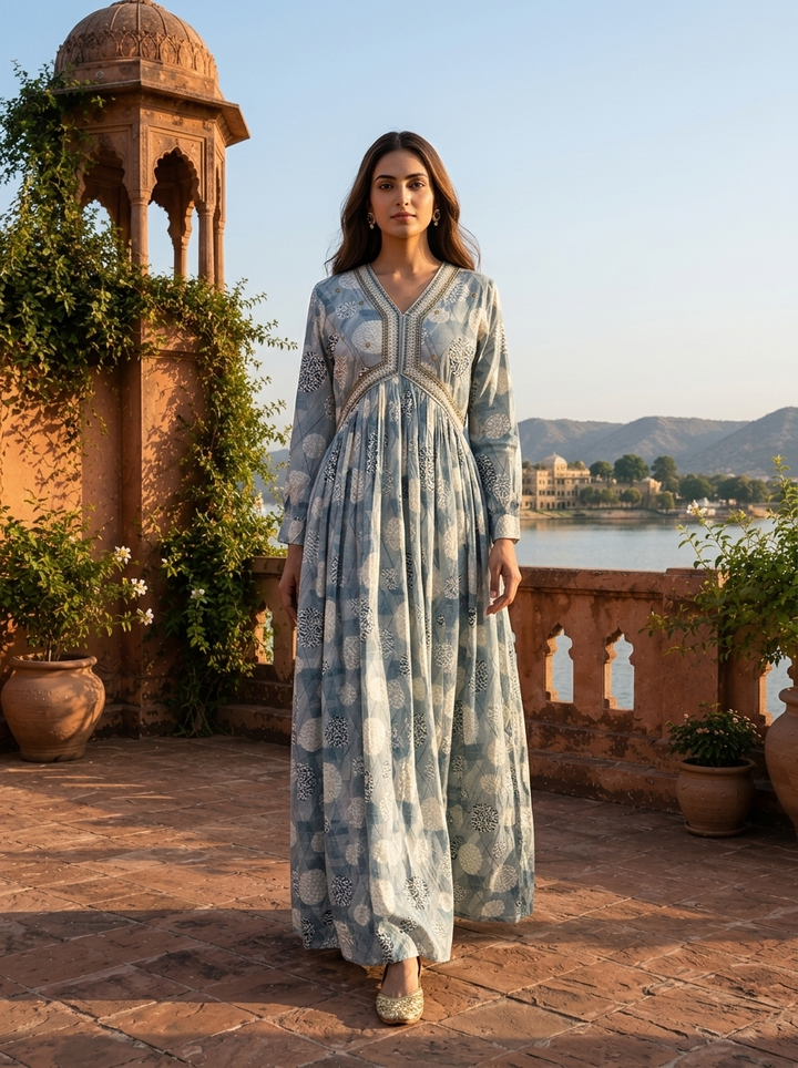 Light Blue Rayon Overlaid Geometric Grid Printed Dress