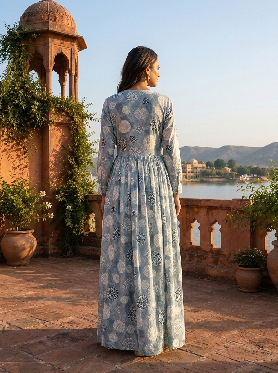 Light Blue Rayon Overlaid Geometric Grid Printed Dress