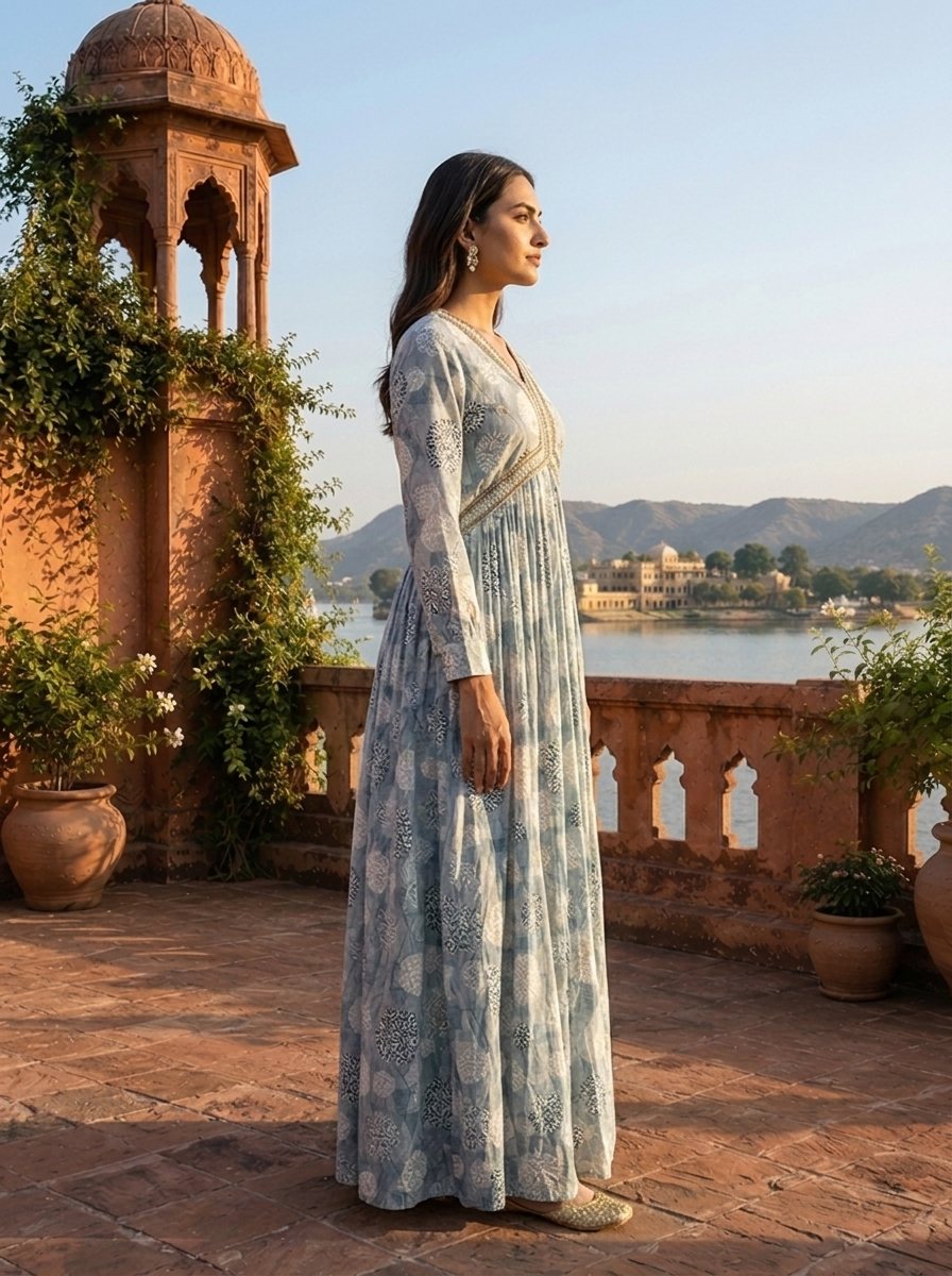 Light Blue Rayon Overlaid Geometric Grid Printed Dress