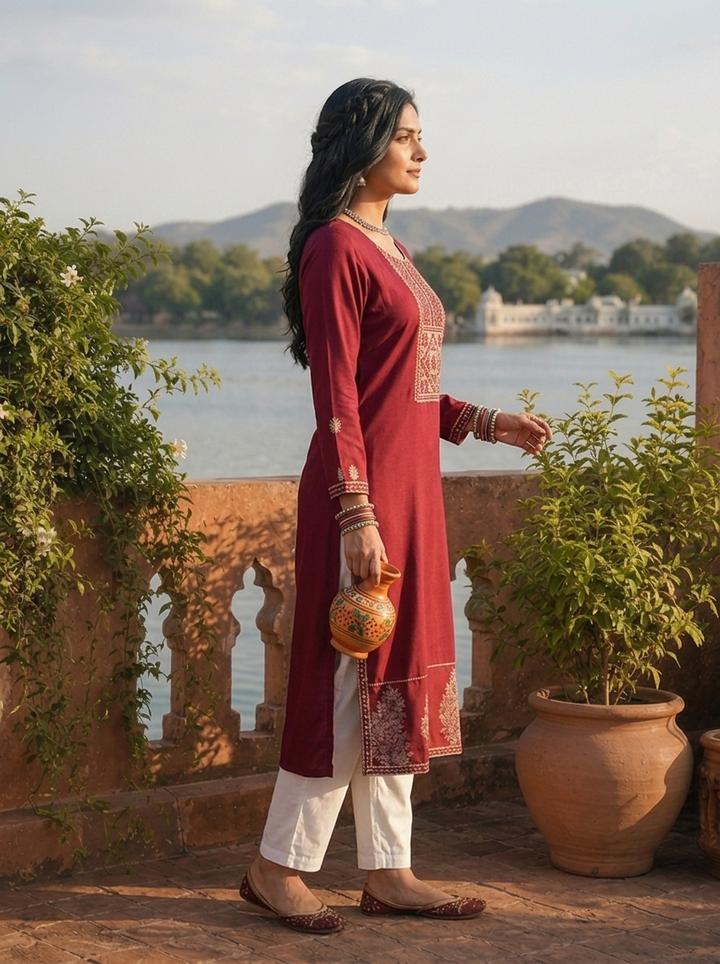Maroon Rayon Geometric Cross-Stitch Style Embroidered Kurta