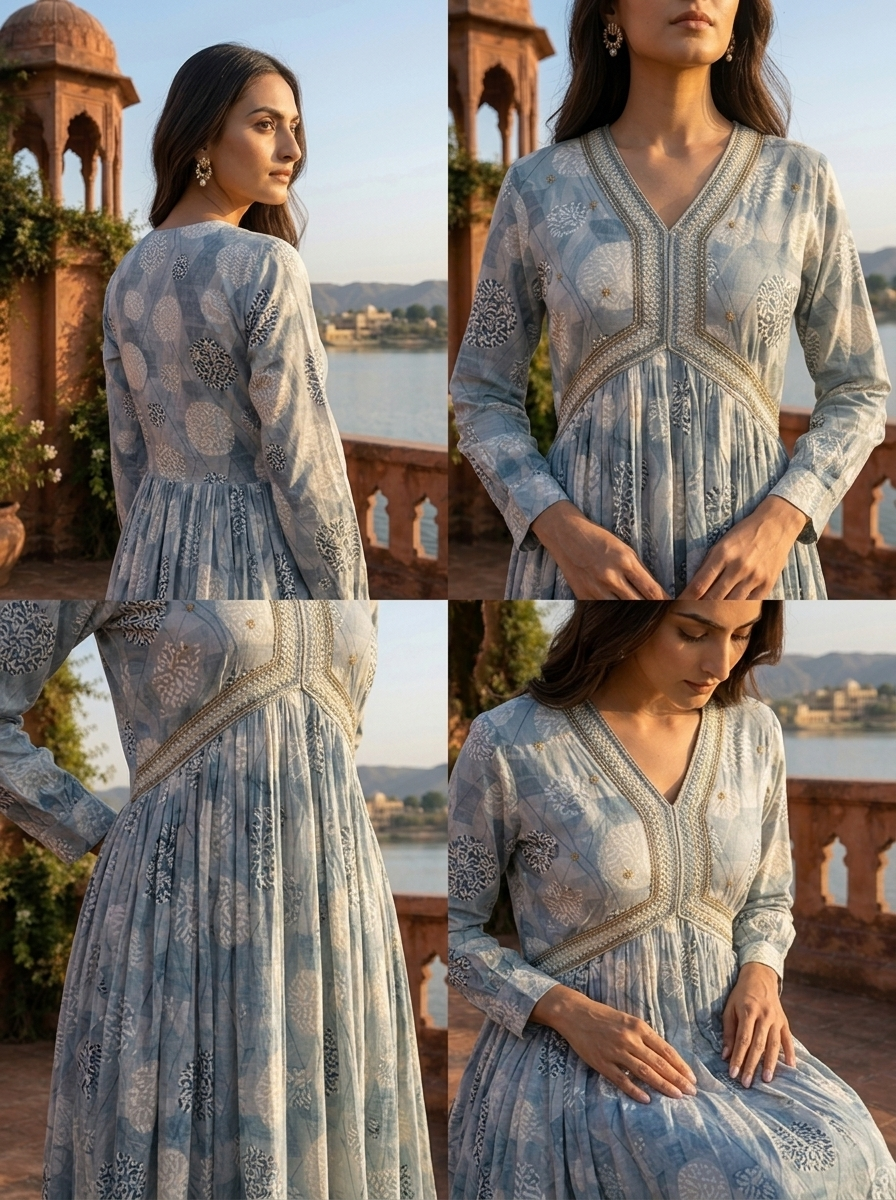 Light Blue Rayon Overlaid Geometric Grid Printed Dress