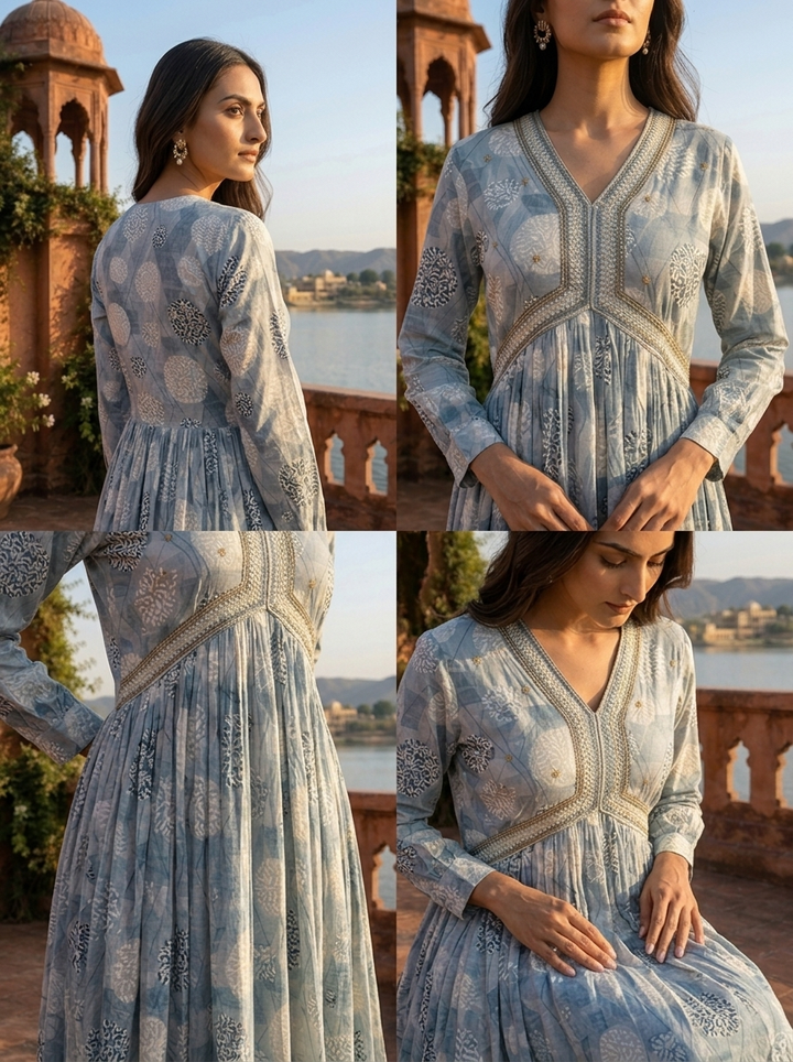 Light Blue Rayon Overlaid Geometric Grid Printed Dress