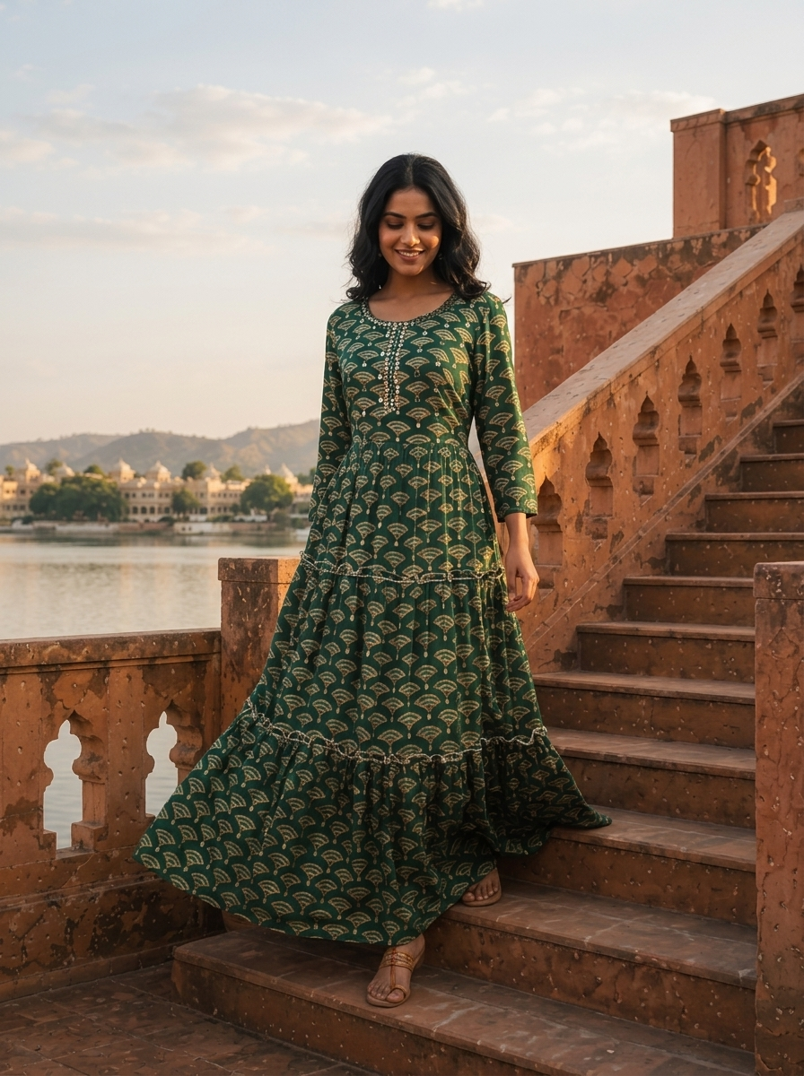 Green Rayon Fan-Shaped Architectural Motifs Printed Dress