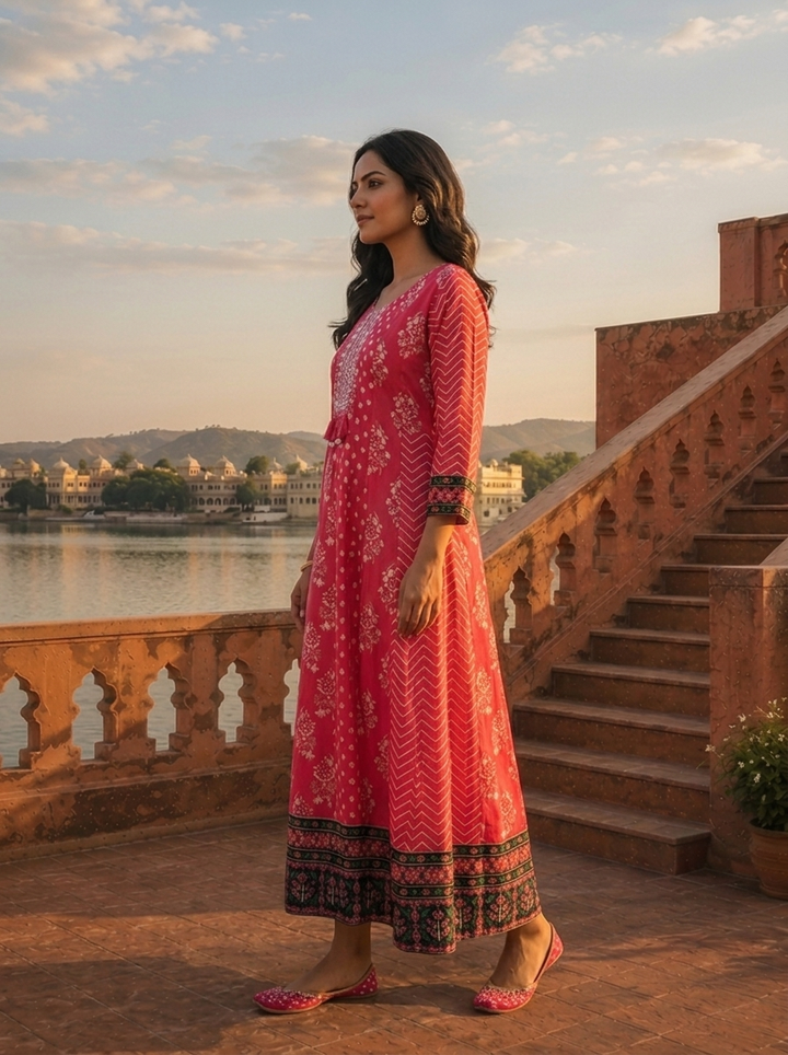 Magenta Silk Panel Aesthetic Printed Dress