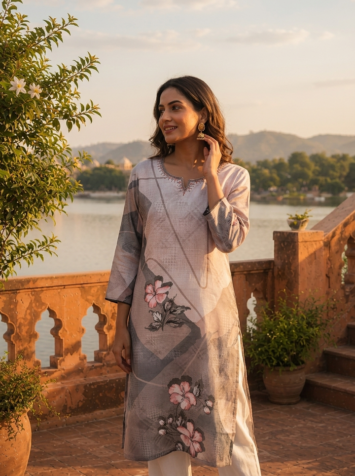 Grey Rayon Taupe Abstract Printed Kurta