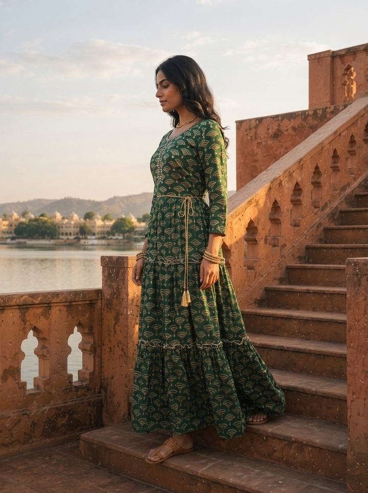 Green Rayon Fan-Shaped Architectural Motifs Printed Dress