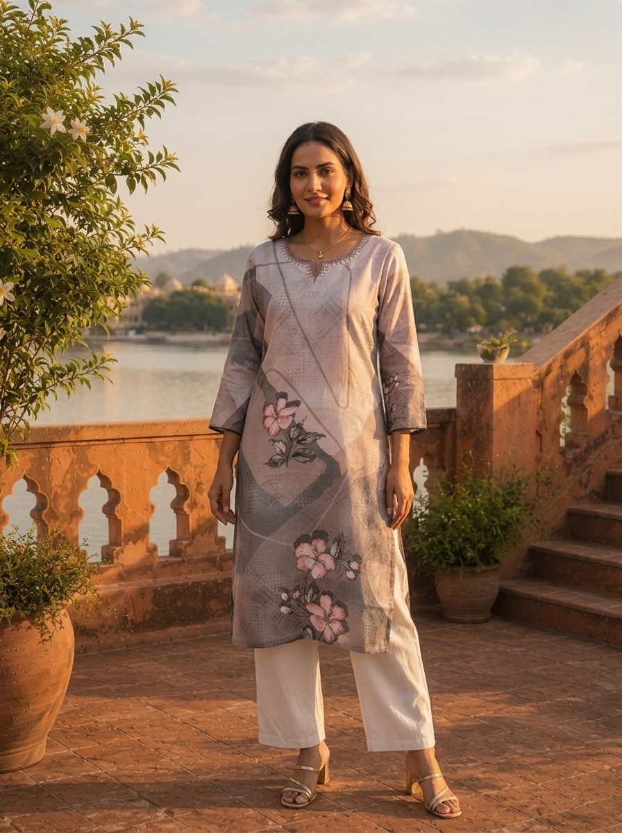 Grey Rayon Taupe Abstract Printed Kurta