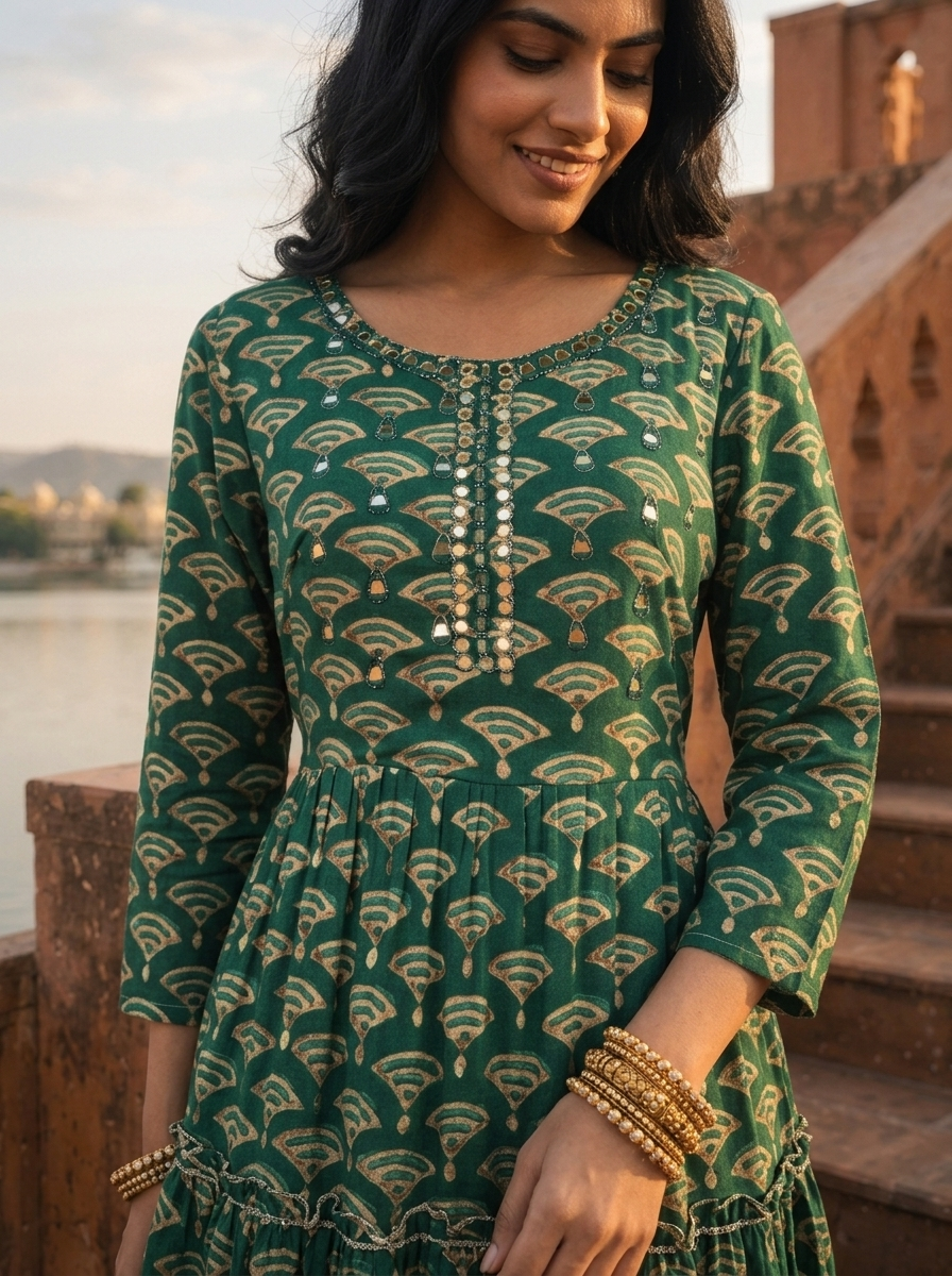 Green Rayon Fan-Shaped Architectural Motifs Printed Dress