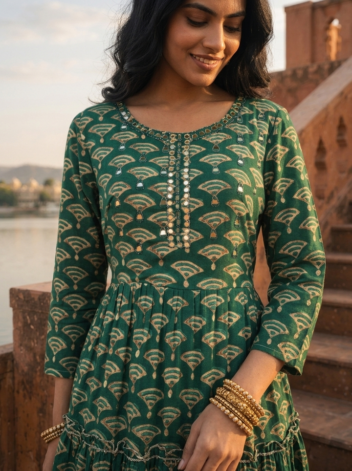 Green Rayon Fan-Shaped Architectural Motifs Printed Dress