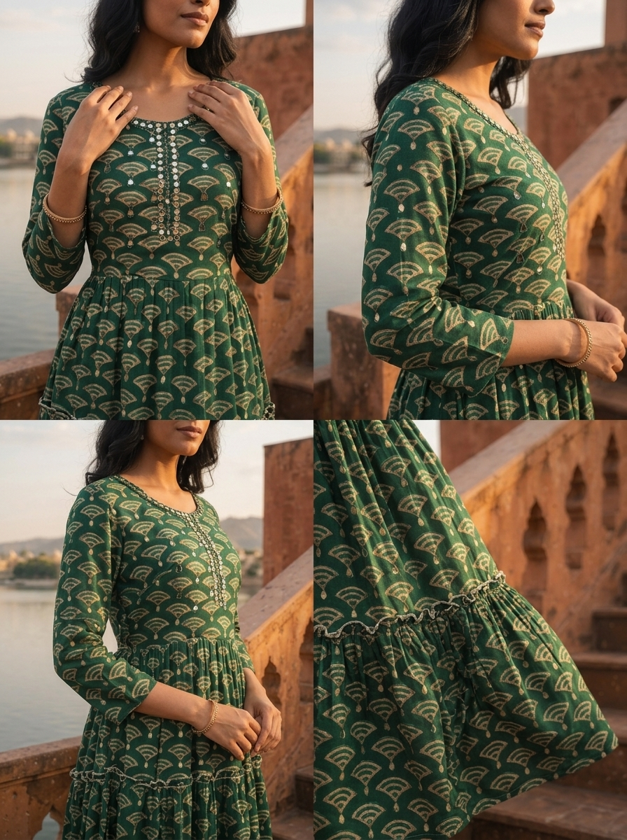 Green Rayon Fan-Shaped Architectural Motifs Printed Dress