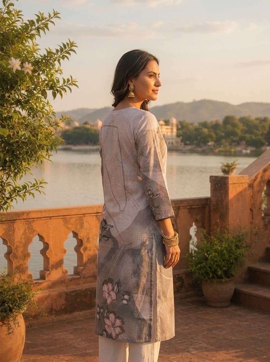 Grey Rayon Taupe Abstract Printed Kurta