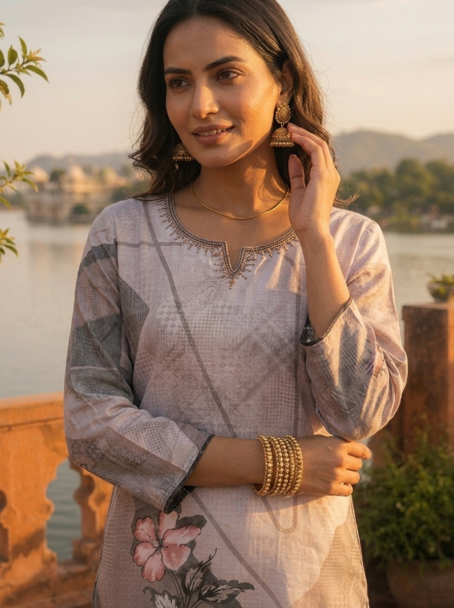 Grey Rayon Taupe Abstract Printed Kurta