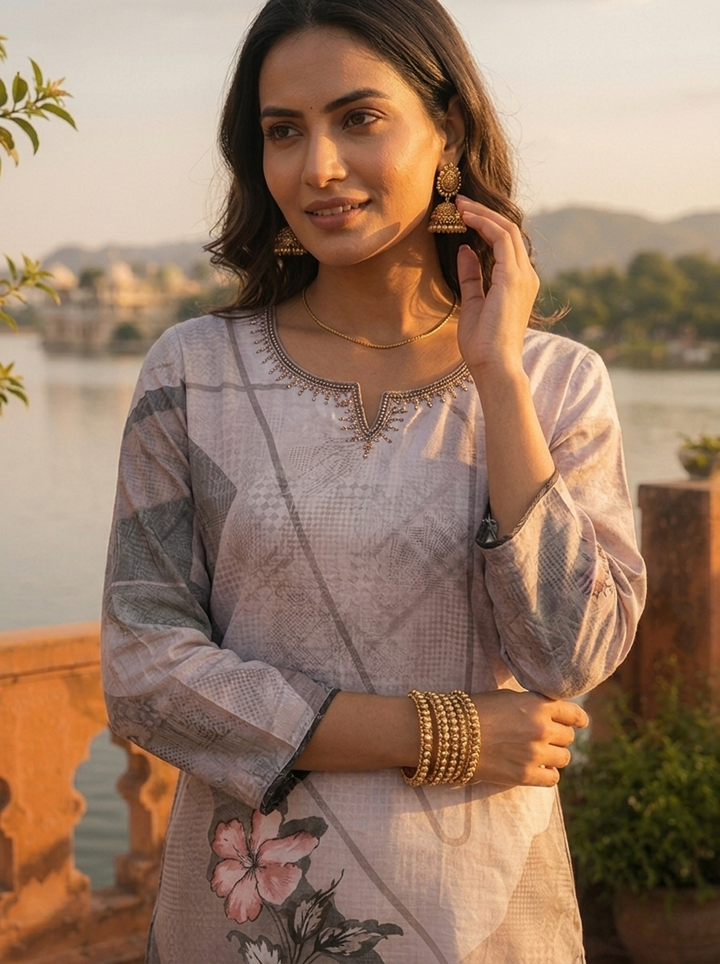 Grey Rayon Taupe Abstract Printed Kurta