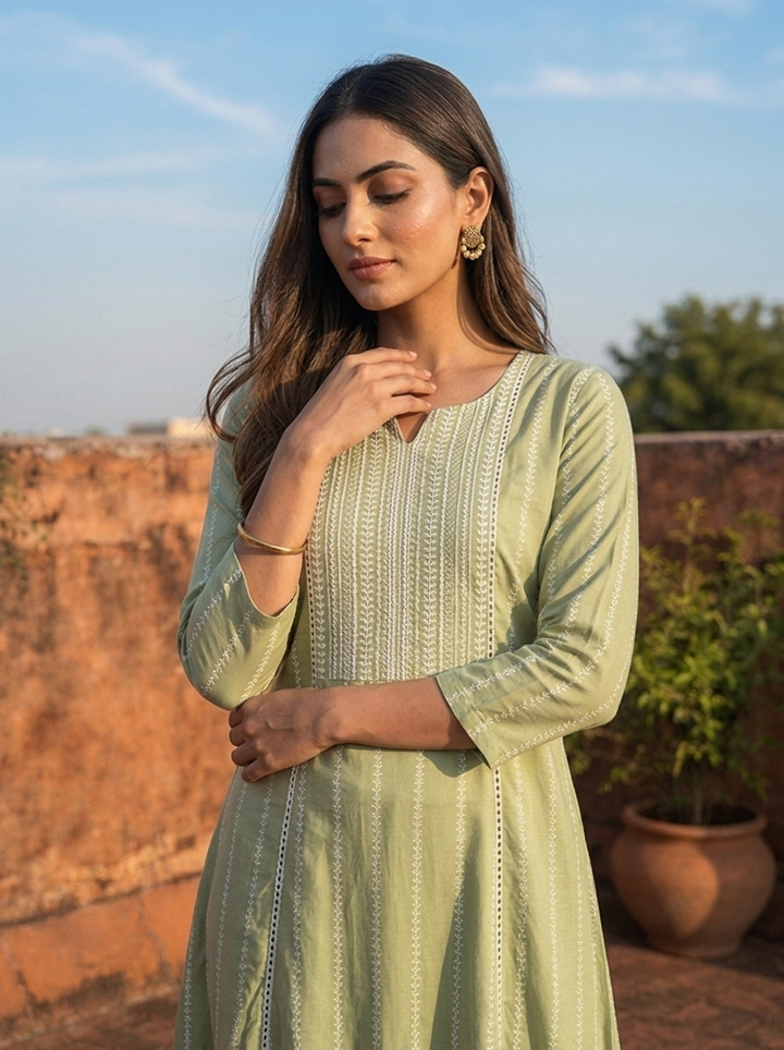 Pista Rayon Vertical Geometric Printed Kurta