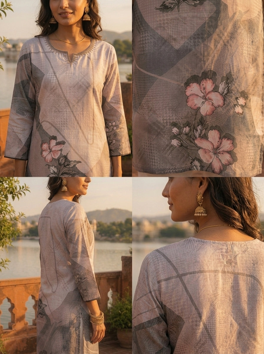 Grey Rayon Taupe Abstract Printed Kurta