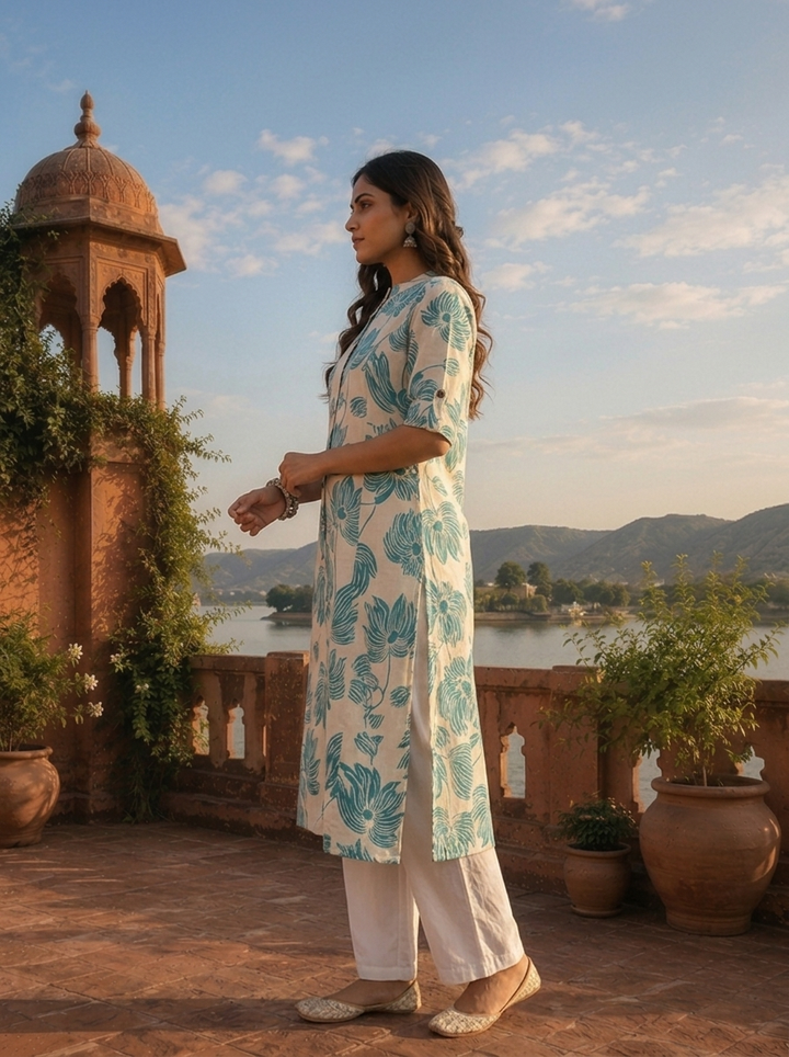 Sea Green Cotton Lotus And Floral Motifs Printed Kurta