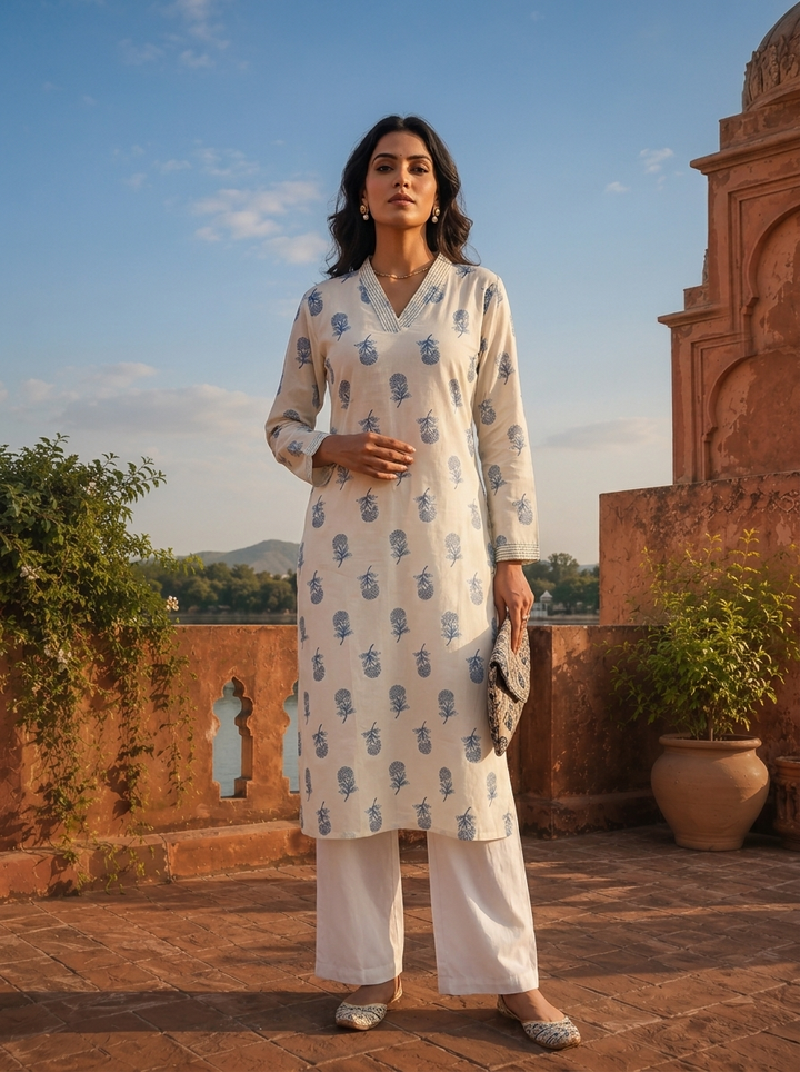 Blue Cotton Hand Block Printed Kurta