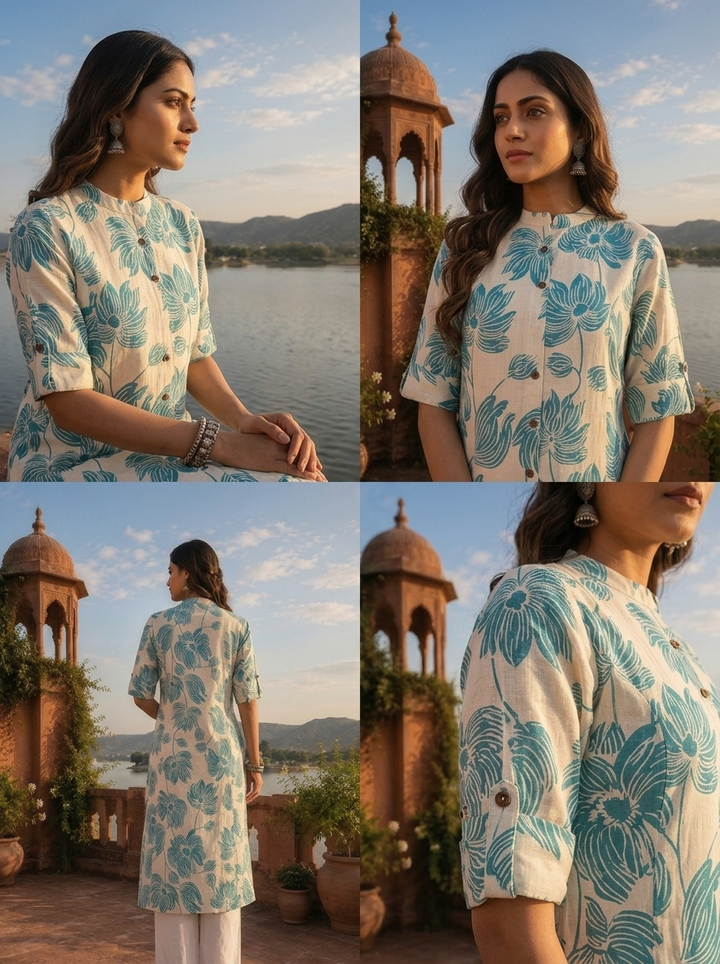 Sea Green Cotton Lotus And Floral Motifs Printed Kurta