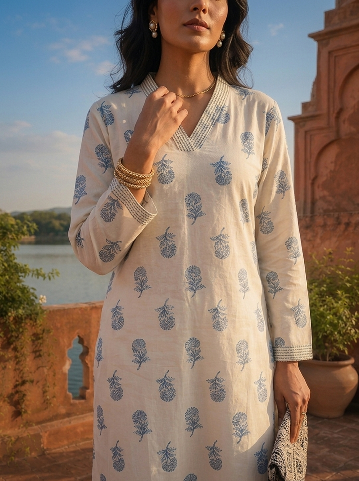 Blue Cotton Hand Block Printed Kurta