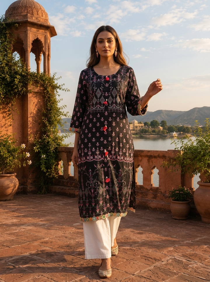 Black Modal Ethnic Geometric Printed Kurta