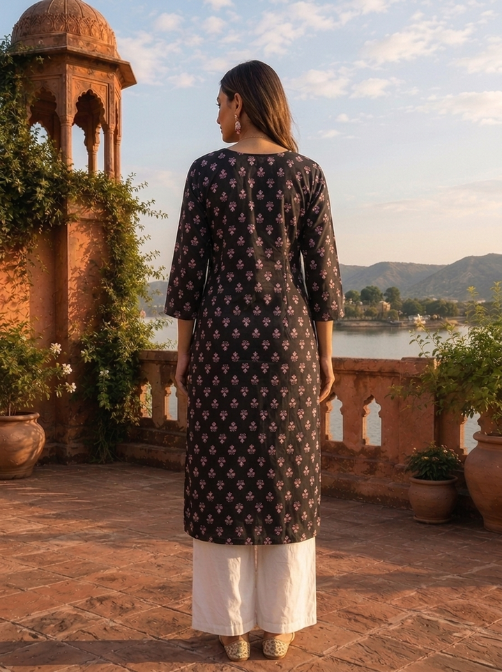 Black Modal Ethnic Geometric Printed Kurta