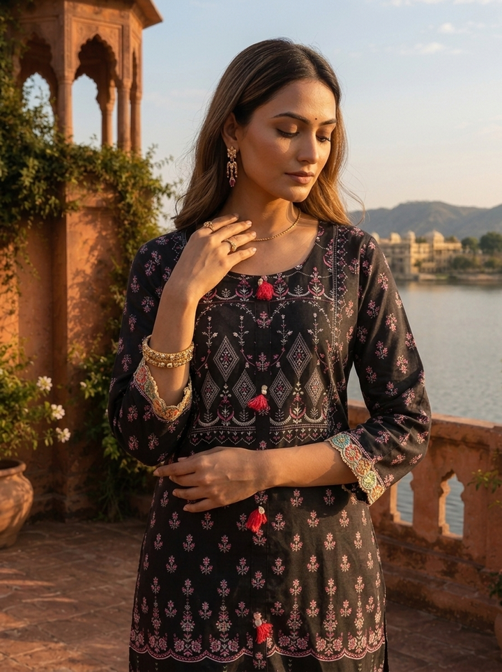 Black Modal Ethnic Geometric Printed Kurta