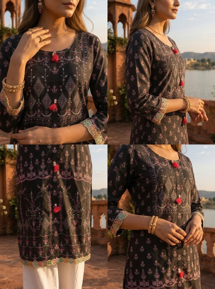 Black Modal Ethnic Geometric Printed Kurta