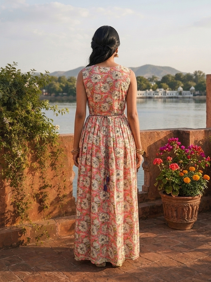 Rose Pink Rayon Vintage Floral Printed Dress