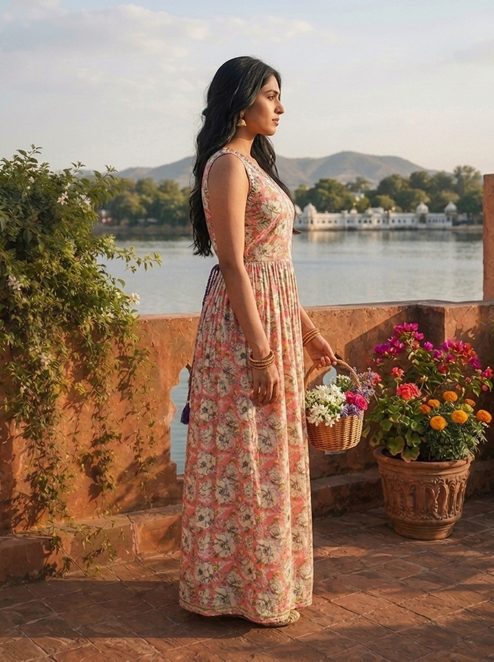 Rose Pink Rayon Vintage Floral Printed Dress