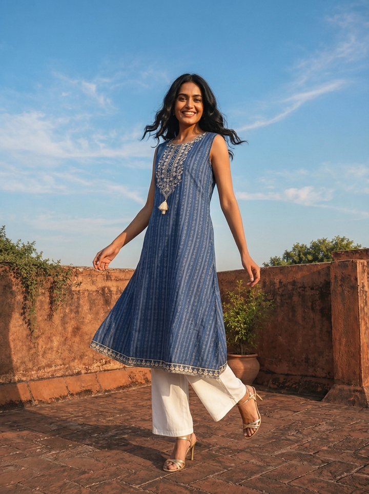 Blue Cotton Vertical Stripe Printed Kurta