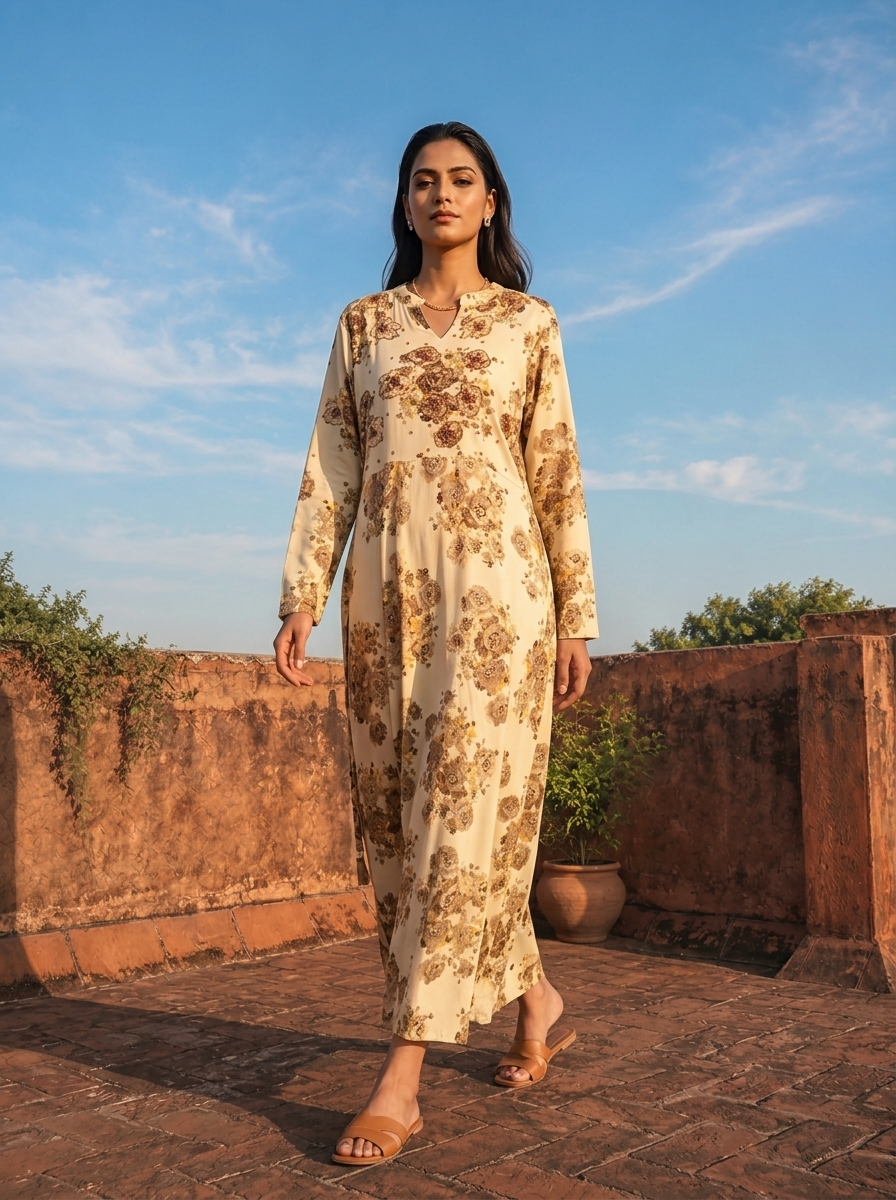 Cream Rayon Sepia Rose Printed Dress