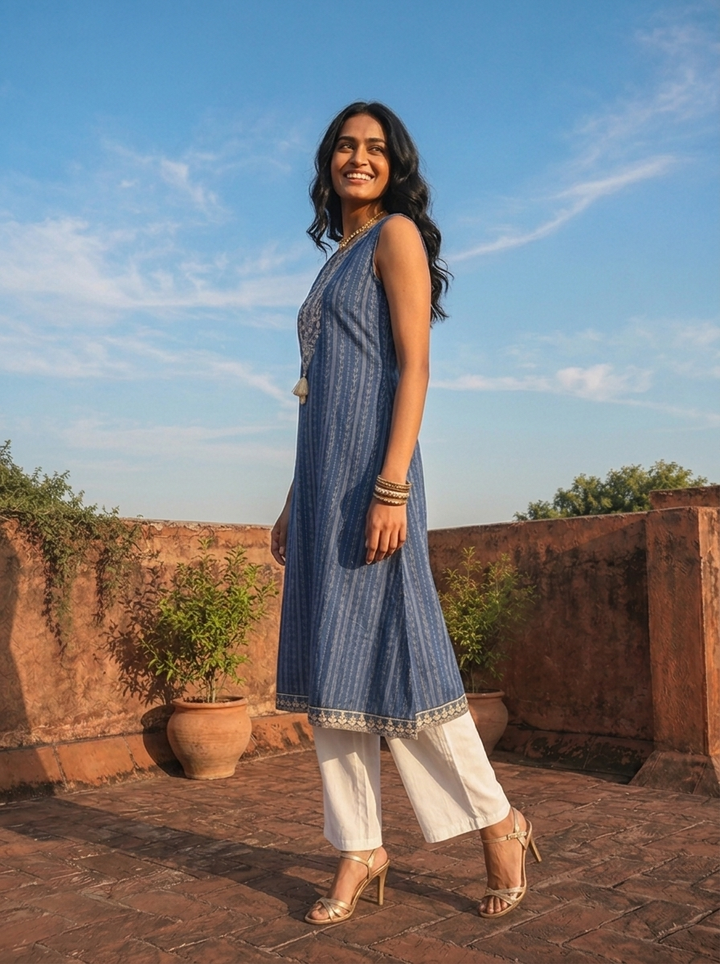 Blue Cotton Vertical Stripe Printed Kurta