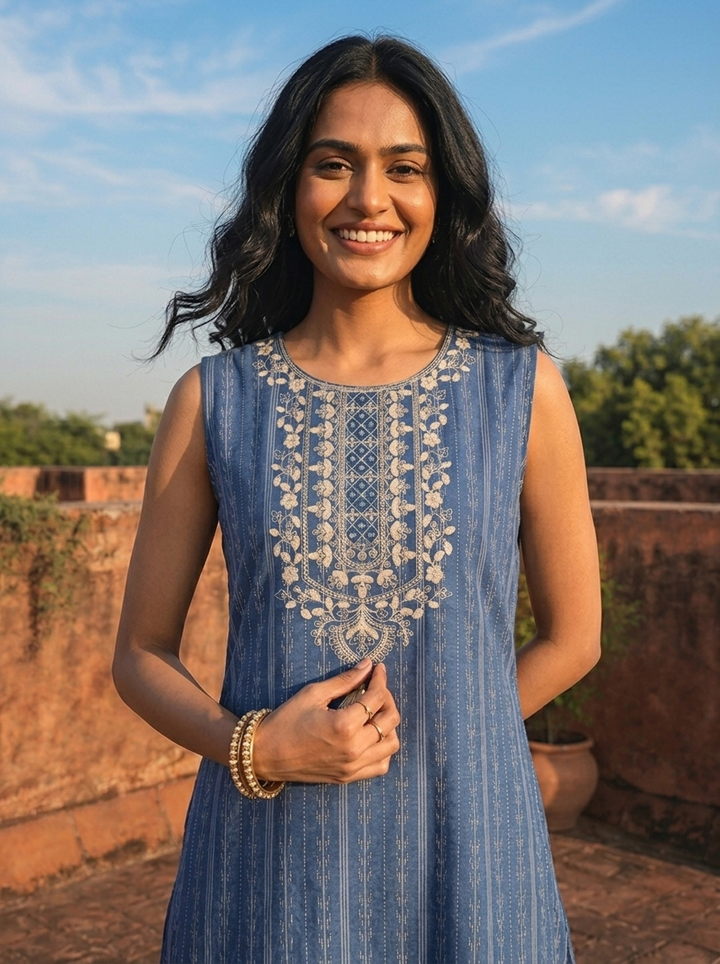 Blue Cotton Vertical Stripe Printed Kurta
