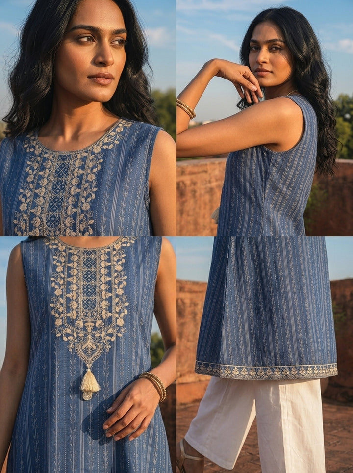 Blue Cotton Vertical Stripe Printed Kurta