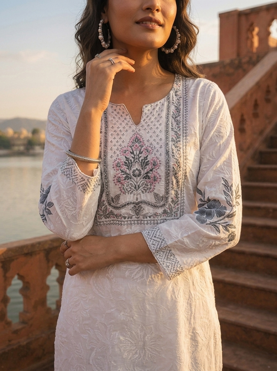 Black Muslin Floral Placement Printed Kurta