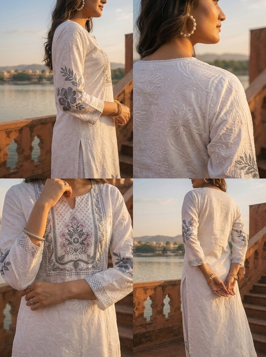 Black Muslin Floral Placement Printed Kurta