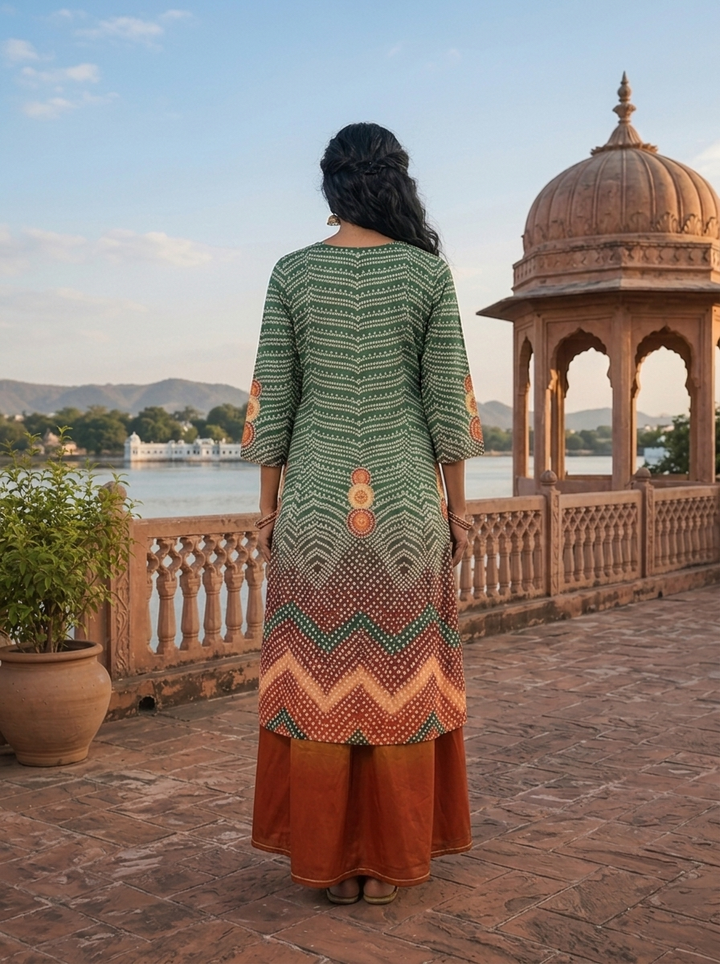 Green Muslin Ombre Bandhani Printed Dress