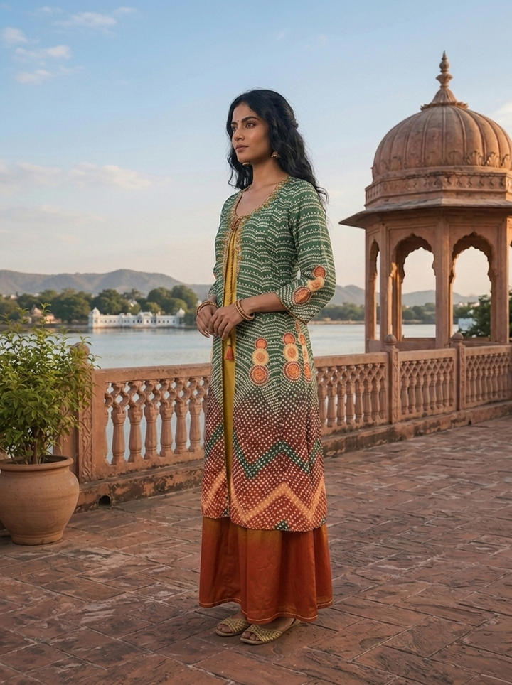 Green Muslin Ombre Bandhani Printed Dress